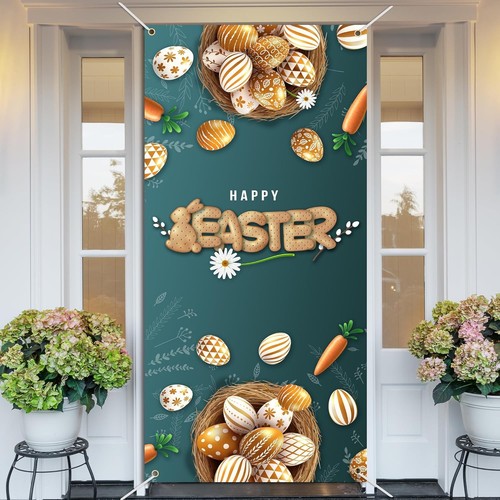 Happy Easter Day Door Backdrop Banner Bunny Eggs Theme Multicolor