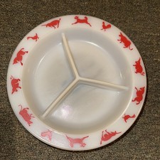 HAZEL ATLAS DIVIDED MILK GLASS CHILDS PLATE DISH WITH RED ANIMALS