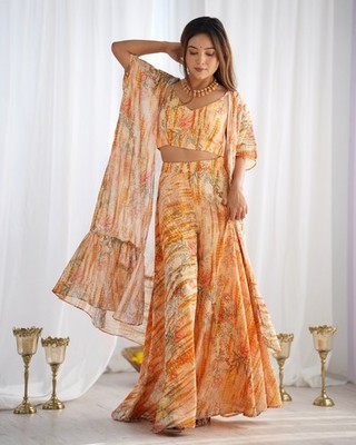 3 piece set of indo western gathered Georgette shrug fancy  blouse, printed pala