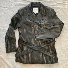 Vintage Women’s Andrew Marc Black Leather Belted Trench Coat Jacket Size M 74847