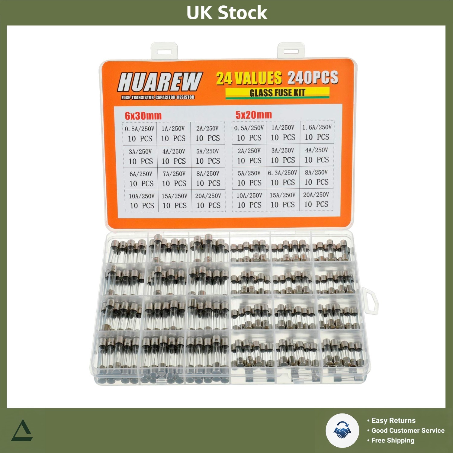 Fast Blow Glass Fuses Assortment Kit 250V 240 Pcs 5x20mm 6x30mm
