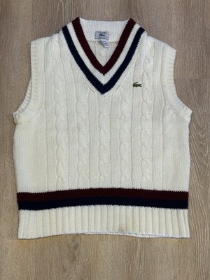 Vintage Izod Lacoste Sweater Vest Cable Knit V Neck Tennis Ivory