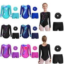Kids Girls Gymnastics Leotard Sets Long Sleeve Unitard With Shorts Hairband