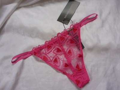 S, Savage X Fenty Hearts A Flutter G-String, rosa besticktes Mesh, Polyamid, NEU