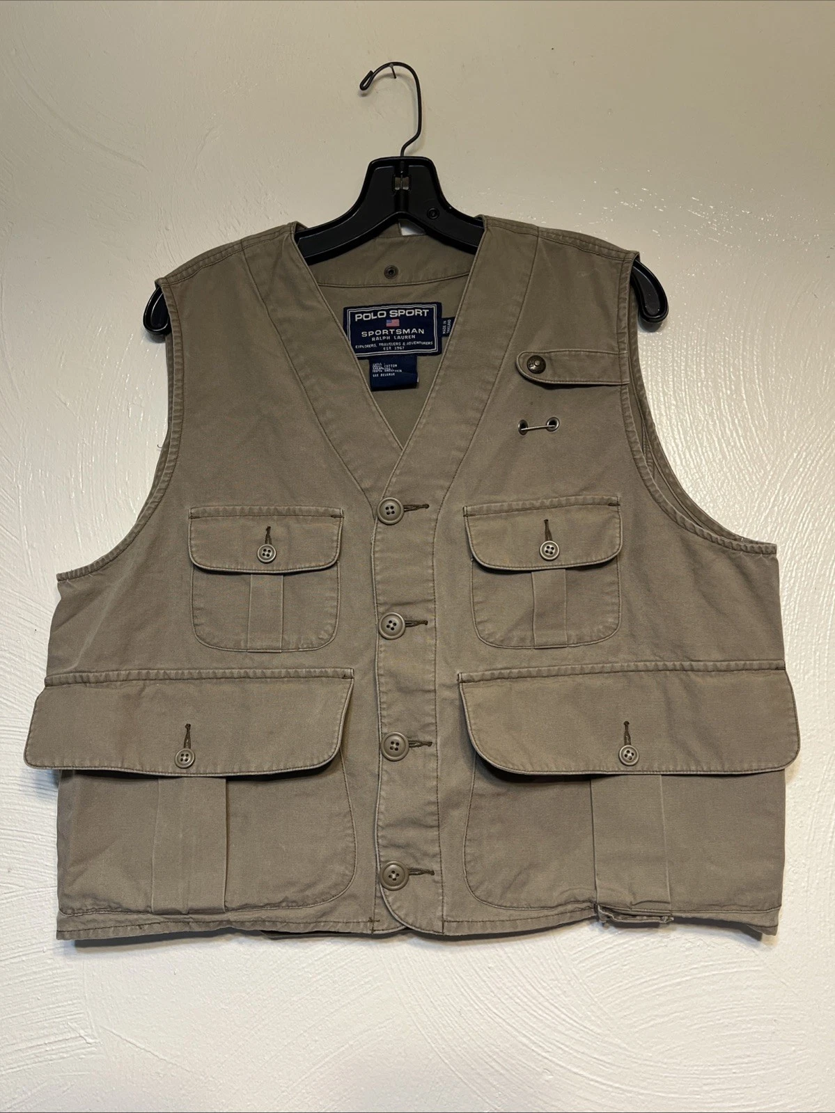 Vintage Polo Sport Sportsman Ralph Lauren Utility Field Vest Cotton Tan Size L