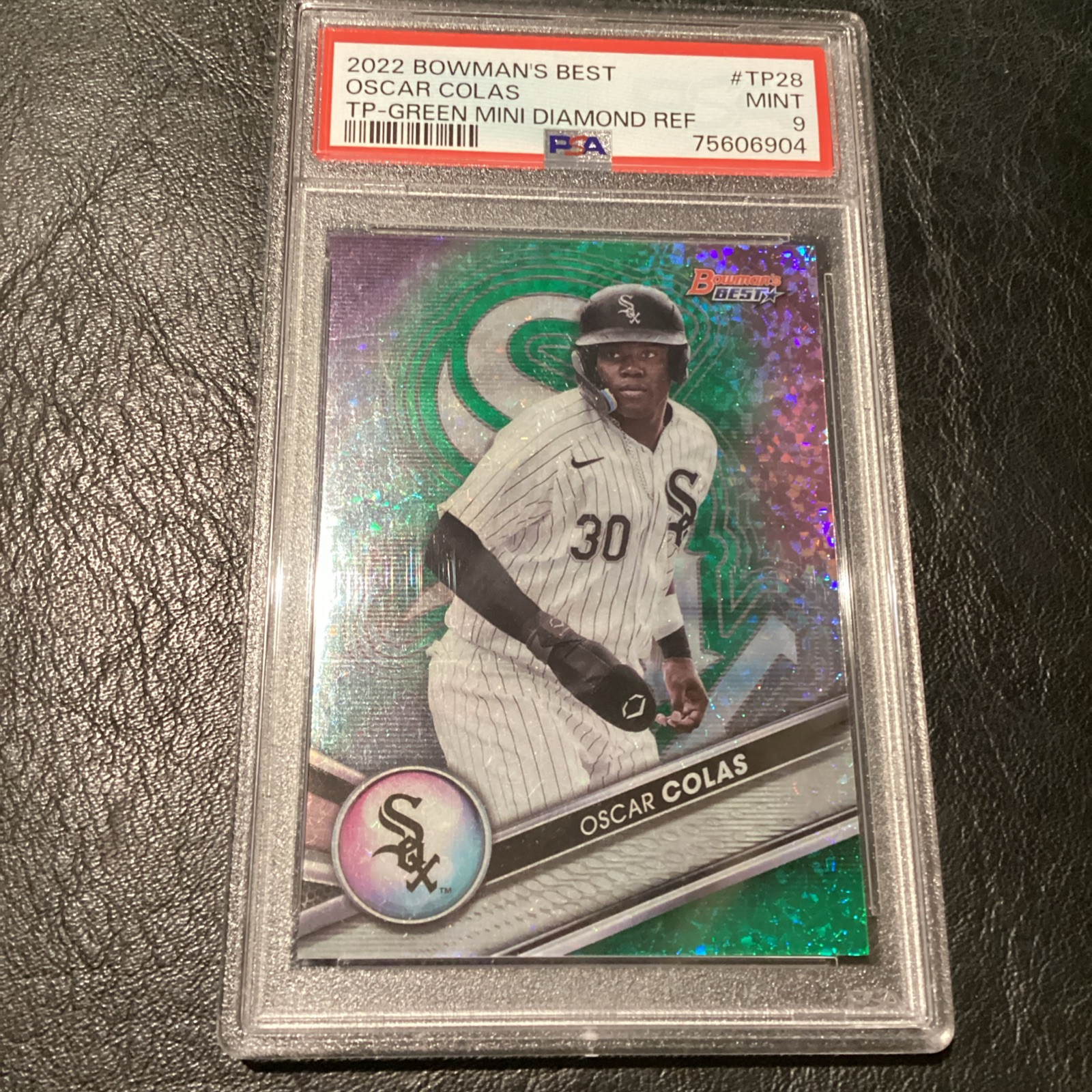 2022 Bowman’s Best Oscar Colas PSA 9 #TP28 Green Mini Diamond Refractor /99 Mint