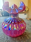 FENTON PLUM OPALESCENT 8" THUMBPRINT VASE w/RUFFLED CRIMPED TRI-CORNER TOP
