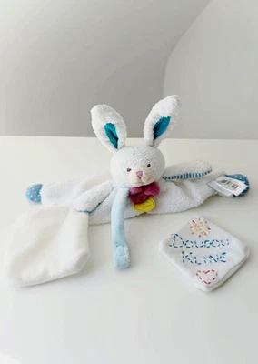 Doudou Plat Lapin Jaune Blanc Et Bleu Attache Tétine Ptitous Doudou Et Compagnie - Photo 1/4
