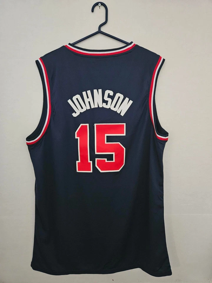 CAMISETA DE BALONCESTO MAGIC JOHNSON PERSONALIZADA MALLA EE. UU. ROJA BLANCA Y AZUL PARA HOMBRE TALLA XXL Foto 2 de 4