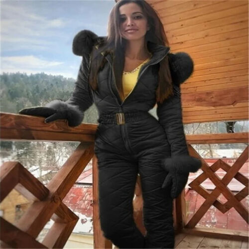 Women's Snowsuit One Piece Ski Suit Jumpsuits Fur Collar With Hood Ski Jackets - Picture 6 of 15