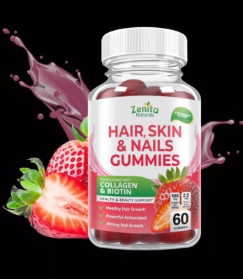 Hair,Skin & Nail Gummies- Collagen & Biotin, Beauty Support 60Ct GMP Certified