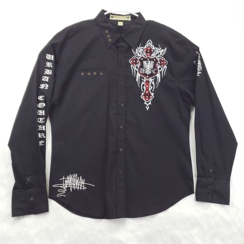 Victorious Shirt Mens XL Black Urban Couture Embroidered Long Sleeve Button-Up
