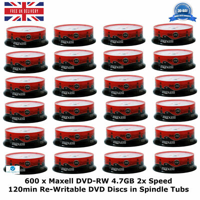 600 x Maxell DVD-RW 4,7GB 2x Geschwindigkeit 120min wiederbeschreibbare DVD Discs in Spindelpackungen