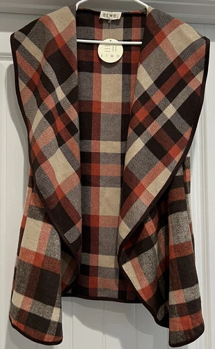 NEW W/ Tags ETWO Plaid Vest Orange And Brown Waterfall Open Front Size L Large