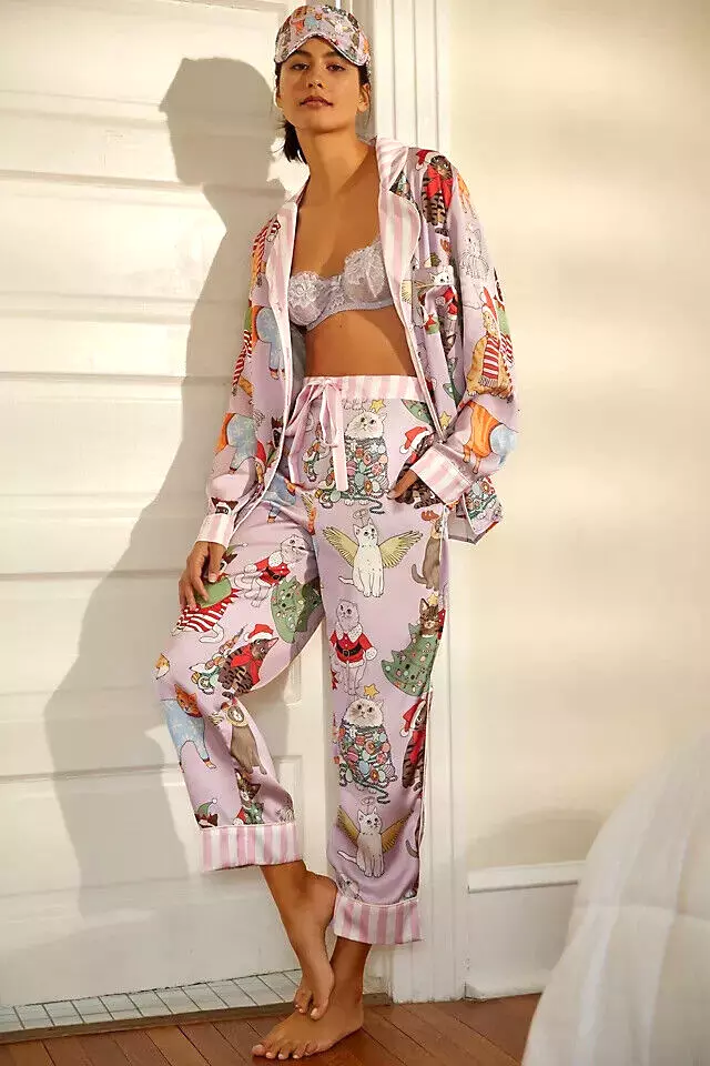 Karen Mabon Christmas Cats Pajama Set Sleep Anthropologie Satin