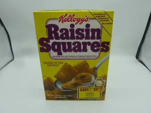 Vintage Kelloggs Rosinenquadrate leere Müslischachtel mit Garfield Premium ANGEBOT 1980er