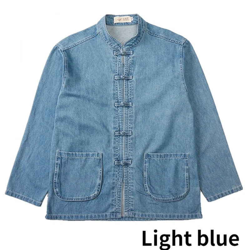 Spring Men Denim Coat Jacket Outwear Tops Chinese Casual Loose Frog Button