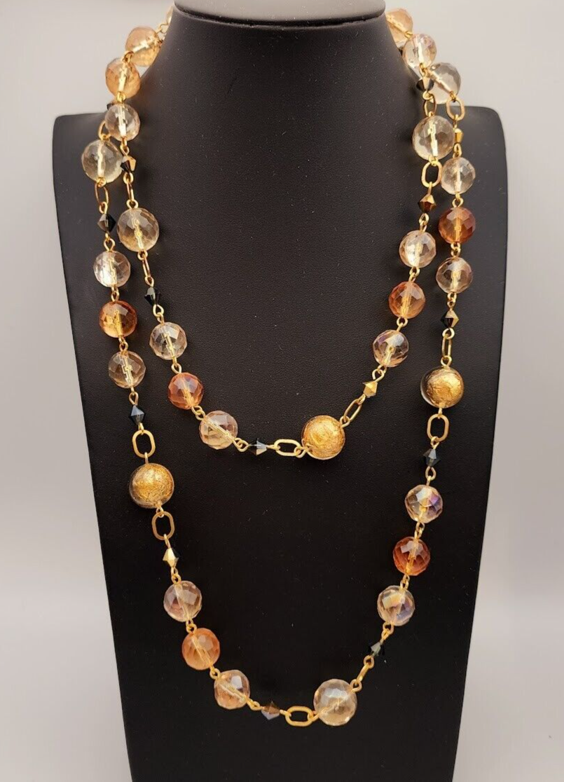 Gold Foil Citrine Faceted Glass Beads Gold Tone Link Necklace