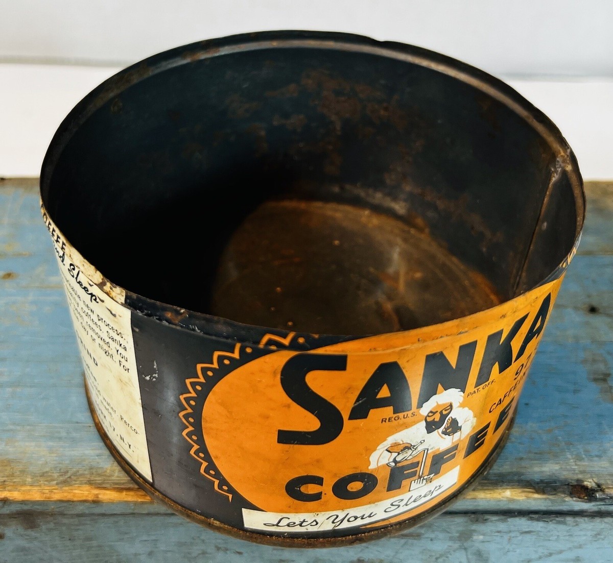 Vtg Sanka Coffee Lets You Sleep Keywind Tin Can Orange Brown 5