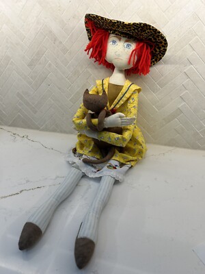 Vintage Handmade Folk Elinor Peace Bailey Rag Cloth Doll Painted Face With Cat
