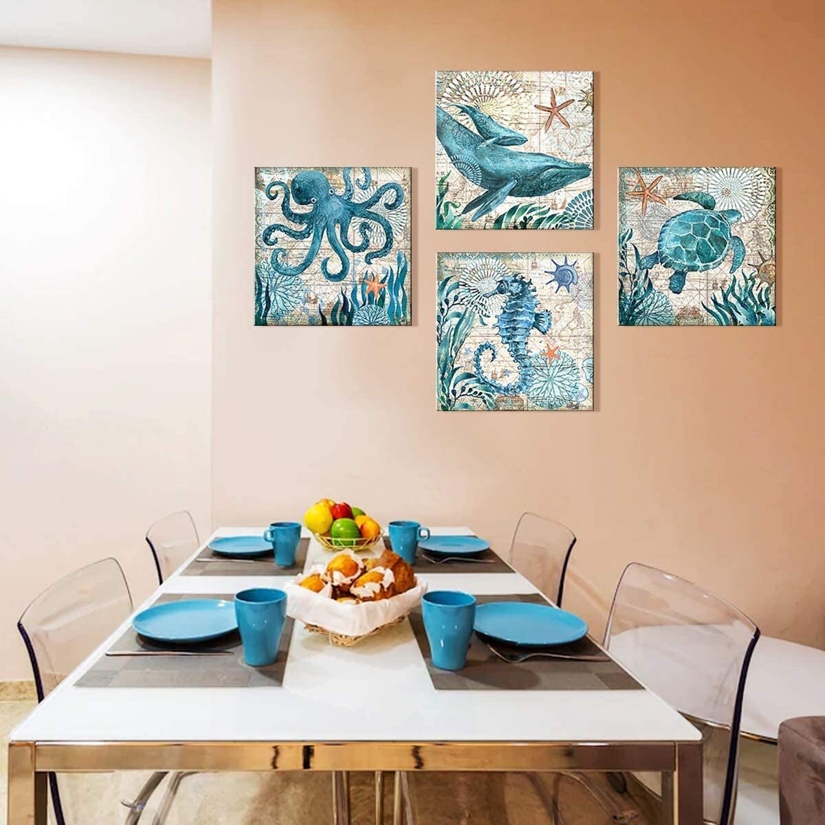 Décoration Murale Toile Océan Yoooahu - Animaux Marins Bleu Turquoise Pour Salle De Bain Ou Cuisine