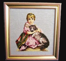 Gobelin Stickbild M&auml;dchen mit Hund 34x33 v 1993 im Echtholzrahmen