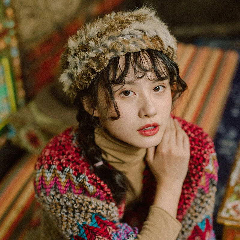 Mujeres Peludo Real Conejo Piel Sombrero Felpa Cosaco Gorra Gorro Cálido Tejido Elástico Retro Foto 3 de 4