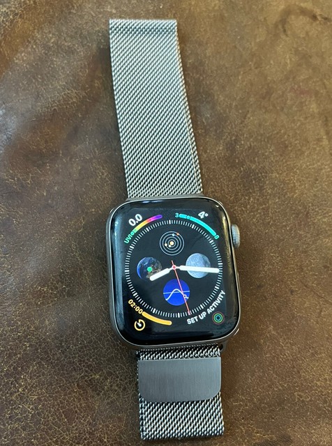 Apple Watch Series 4 44 mm Stainless Steel Case with White Sport Band (GPS + Cellular) - (MTX02B 