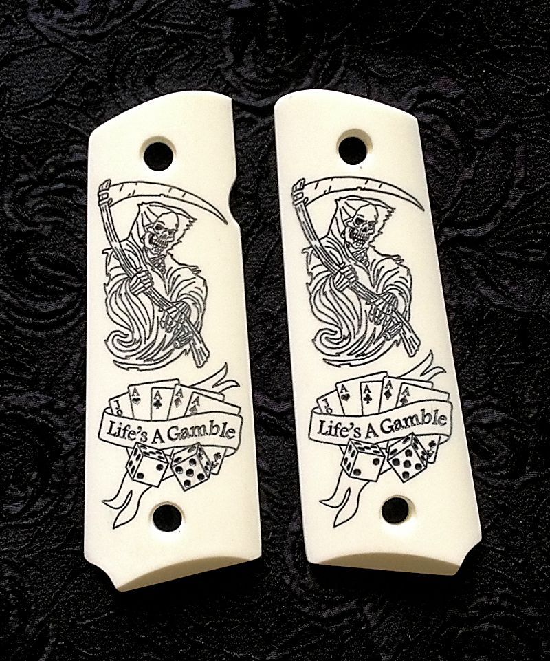 Colt 1911 custom engraved imitation ivory grips Grim Reaper Skull
