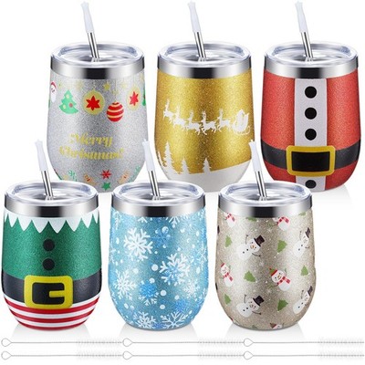 Sliner 6 Pack Pack Christmas Glitter Tumbler Bulk, 12 oz Holiday Wine Tumbler