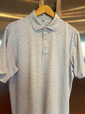 Peter Millar Summer Comfort Men's Golf Polo Shirt White/Blue Graphic Print M