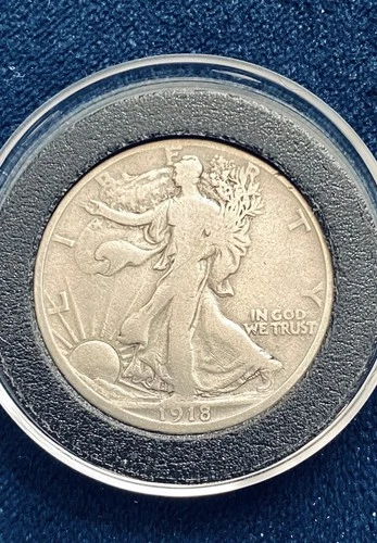 1918 P Walking Liberty Half Dollar 90% Silver Very Good To Very Fine + Coin Disc