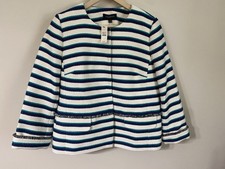 Talbots Women's Ivory Tweed Jacket w/Blue Teal Stripes Fringe 10 NWT