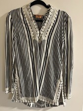 Tory Burch Button & Seed Bead Trim V-Neck Tunic, Black/Cream Striped, Size 4