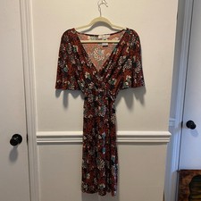 Y2K Retro Boho Chic Bold Floral Nine West Dress Midi Wrap V-Neck Tie Waist Sz 12