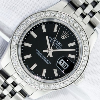 ROLEX LADIES DATEJUST 179160 STAINLESS STEEL BLACK LUMINOUS DIAL JUBILEE WATCH