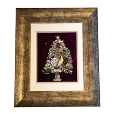 Vintage Costume Jewelry Christmas Tree Framed 19x16.5 OOAK Holiday Collage Art