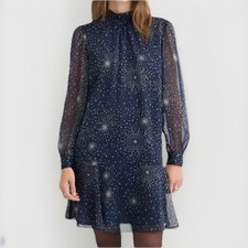 Loft Shimmer Stripe Tie Neck Mini Flounce Dress Sz M Deep Space Blue Celestial