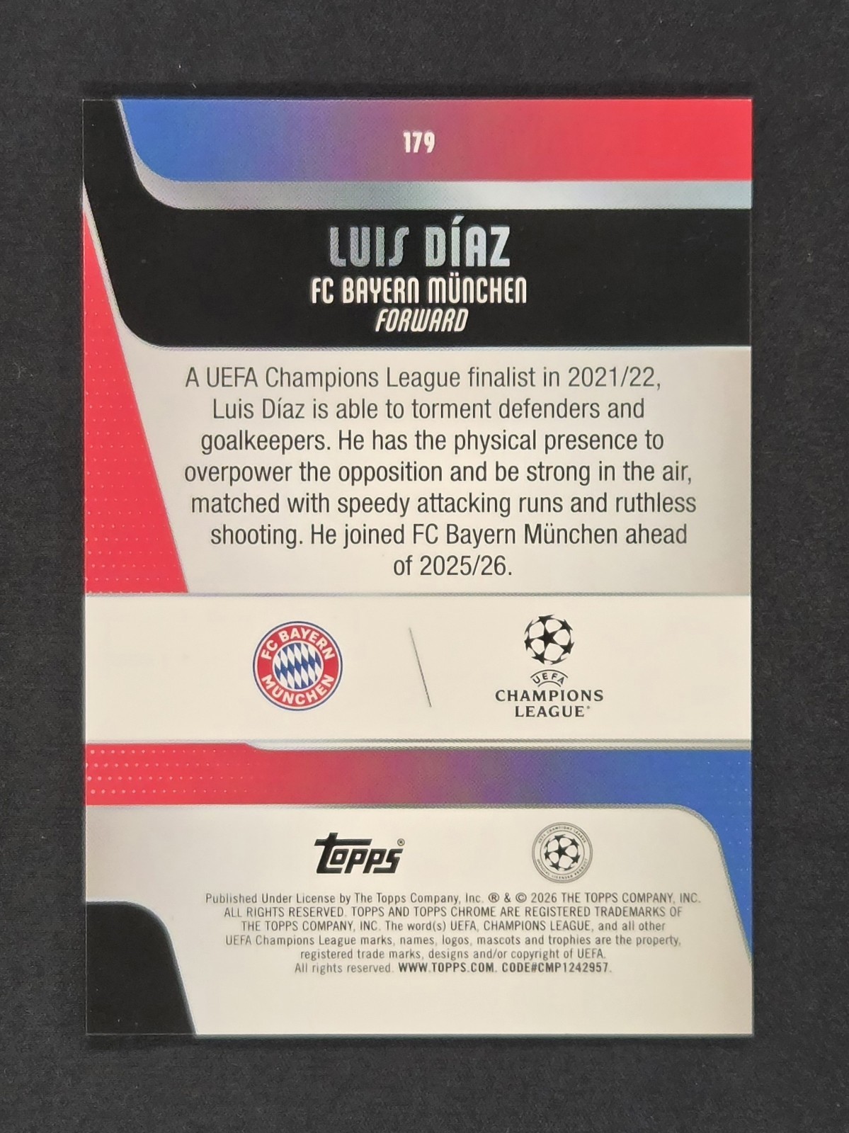 25-26 Topps Chrome UCC Luis Díaz FC Bayern München Serial Numbered /250 #179 view 2