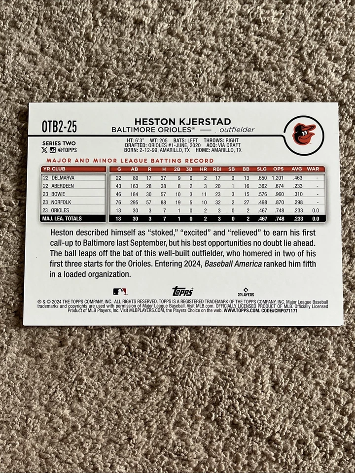 2024 Topps Series 2 -Oversized 2024 Topps Baseball Heston Kjerstad #OTB2-25 (RC) - Image 2 of 2