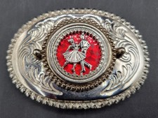 Vintage Square Dance Belt Buckle. Silver tone with a red inlay. Made in the USA.