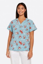 Peppermint Santa Print Scrub Top Blue Red White Holiday Christmas 100 Cotton