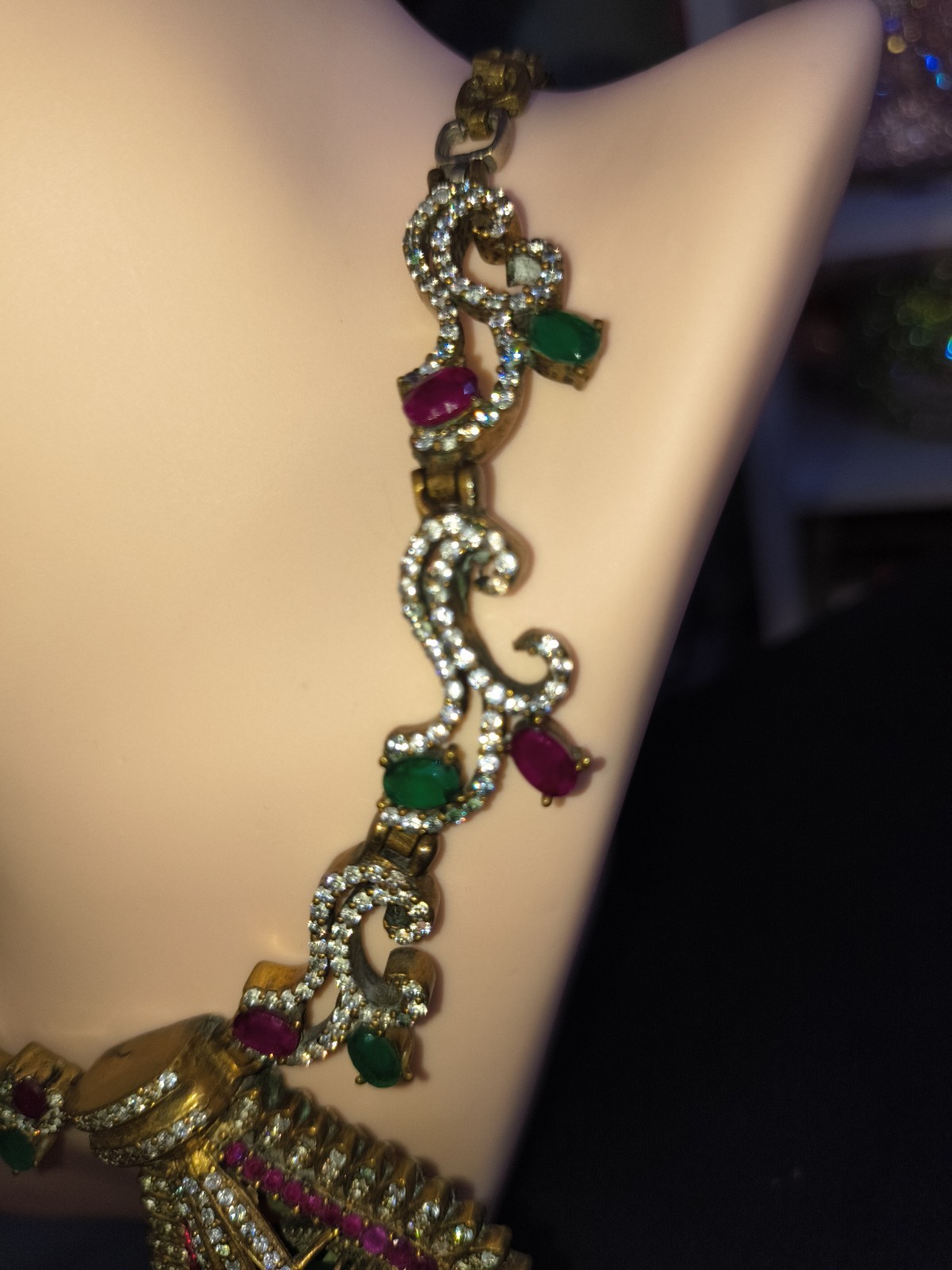 Vintage Emerald Ruby Sterling Silver Statement Ne… - image 4