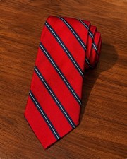 Tommy Hilfiger 100 Silk Tie Red w/Navy/White Diagonal Stripe Repp-Style USA Mad
