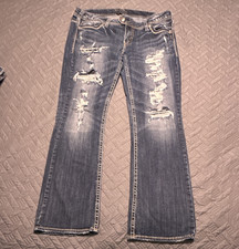 Silver Jeans Co. Women  s Bootcut Medium Wash Distressed Embroidered 5-Pocket
