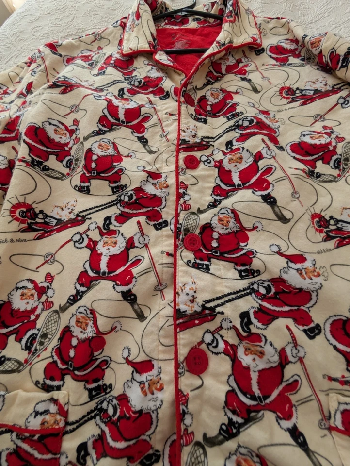 Conjunto de pijama de franela 100 % algodón deportivo de Papá Noel vintage Nick and Nora excelente Navidad Foto 3 de 4