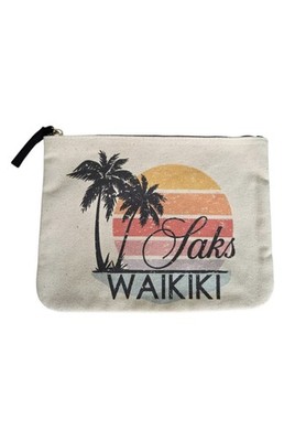 Saks Fifth Avenue Waikiki canvas cosmetic pouch Travel Palm Sunset Hawaii NEW