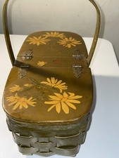 Vintage 1970's Decoupage Woven Wood Green Basket Purse With Yellow Flowers 12  