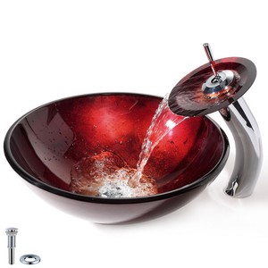 Red Round Gl Bathroom Vanity Basin Vessel Sink And Waterfall Image Is Loading Red Round Gl Bathroom Vanity Basin Vessel Sink