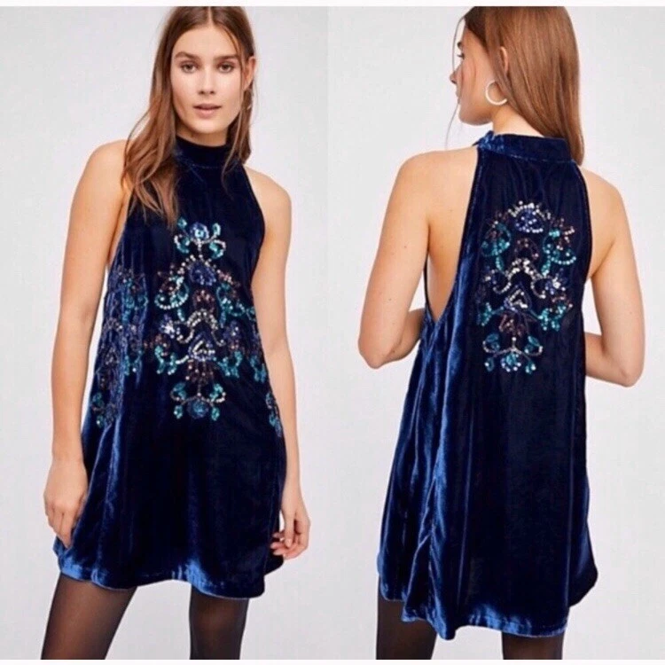 128 FREE PEOPLE Blue Velvet Sequin Jill Swing Dress eBay